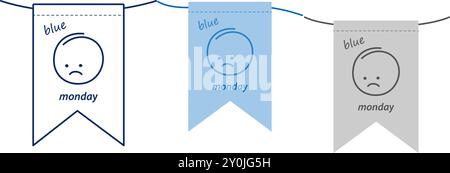 Wimpel am Seil mit trauriger Emoticon Outline, einfarbiger und grauer Gestaltungsidee. Satz mit 3 isolierten EPS-Vektoren. Grüße. Karten, Poster, Banner, Broschüre, Preisschild, Label, Werbeaktion oder Webkonzept Stock Vektor