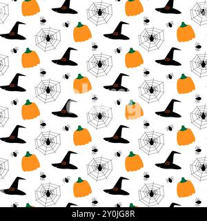 Kürbisse, Spinnweben und Hexenhüte nahtloses Muster. Halloween Gruß Hintergrund Textur isolierte Vektor-Illustration. Verpackung, Tapeten, Verpackung oder Web, Karten, Poster, Idee zum Hintergrund von Faltblättern Stock Vektor