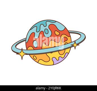 Cartoon Retro Planet in den 70er oder 80er Jahren Hippie Groovy Art, Vektor-Symbol. Cartoon Space Saturn Planet mit psychedelischen Lavaströmen und Galaxiensternen erstrahlen im Retro-Hippie-Stil der 70er oder 80er Jahre für funky Sticker Stock Vektor