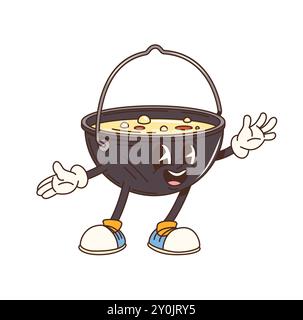 Cartoon-groovige touristische Bowler-Figur. Retro-Reisecamp und Tourismuskessel Persönlichkeit. Isolierter Vektor verspielter anthropomorpher Topf mit Suppe, Sneakers und Handschuhen, fröhlich winkend mit glücklichem Gesicht Stock Vektor