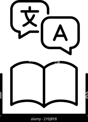 Offenes Buch mit Sprechblasen in verschiedenen Sprachen. Wörterbuch, Studium und globale Kommunikation. Pixel Perfect Vektor-Symbol Stock Vektor