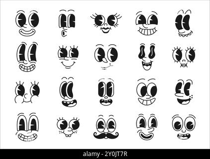 Cartoon Comic grooviges Gesicht, lustige Augen Emotion und Retro nette Emoji Charaktere Vektor Set. Lebendige Ausdrucksformen von Freude, Lächeln, Überraschung, Unfug oder Pfeife, Lachen, erstaunte oder grinsende Funky-Persönlichkeiten Stock Vektor