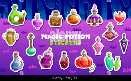 Cartoon Hexe Halloween Zaubertrank Flasche Aufkleber Pack, Vektor Patches mit mystischen Glasfläschchen gefüllt mit magischen Zaubergetränken und bunten Flüssigkeiten auf gruseligen geheimnisvollen dunklen Wald Hintergrund Stock Vektor