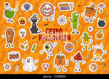 Halloween-Aufkleber mit Retro-Cartoon-groovigen Monstern oder lustigen gruseligen Charakteren, Vektorsymbolen. Halloween-Feiertags-Aufkleber, grooviger, funkiger Kürbis oder glückliche Zombiehand und Sarg mit Zaubertrank Stock Vektor