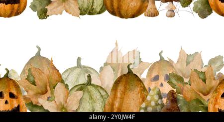 Dieser wunderschöne nahtlose Rand in Aquarellen zeigt leuchtende Kürbisse und Herbstblätter, perfekt für saisonale Designs. Isoliertes Objekt auf weißem Hintergrund für die Gestaltung einer Broschüre, eines Flyers, eines E-Packs, einer Website, eines Artikels, Etikett oder Werbung. Digitale Kunst im Aquarellstil. Stockfoto