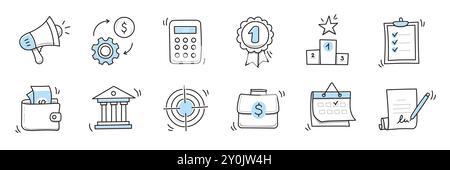 Handgezeichnetes Doodle-Geschäft, Geld-Icon-Set. Finanzen, Geld, Marketing-Skizze gezeichnet süße trendige Linie Doodle Icon. Geschäftsbank, Finanzrechner, Elemente für wirtschaftliche Ziele. Vektorabbildung Stock Vektor
