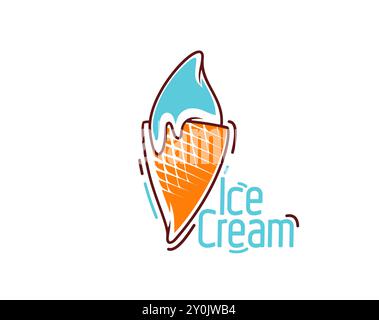 Eiskrem-Ikone, Eisdessert in Waffelkegel für Gelateria oder Dessertbar, Vektor-Emblem. Milchig-cremige, weiche Eiskugel in Waffelkegel mit Schmelzentropfen für italienisches Eisdessert und Eiscreme Stock Vektor