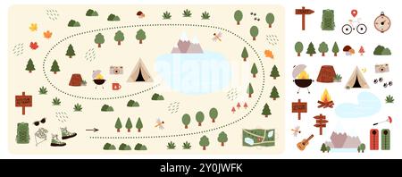 Camping- und Wanderkarten erstellen und legen flache Elemente für den Bau von Kindercamps. Naturplan mit Bergen, See, Bäumen und anderen Ikonen für einen Sommerausflug. Vektorabbildung Stock Vektor