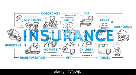 Versicherungslinie Symbole der medizinischen Police für Gesundheit, Lebensunfall und Autos, Vektorbanner. Versicherungssymbole für Schutz und Betreuung von Kindern, Naturkatastrophen und Transport oder Studium und Arbeit Stock Vektor