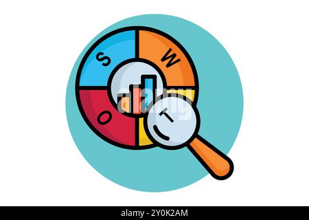 Farbiges Umrisssymbol der SWOT-Analyse. Diagramm mit Vergrößerungsglas. Symbol für SWOT. Vektorillustration für Geschäftselemente Stock Vektor