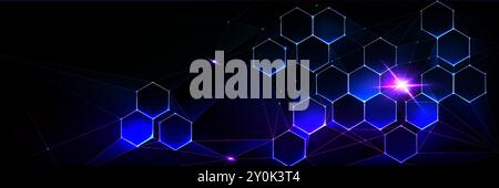 Abstraktes Sechseckmuster auf schwarzem Hintergrund. Vektor-realistische Illustration der medizinischen Wissenschaft oder Kommunikationstechnologie Präsentationsvorlage, neonblaue chemische Struktur, Datenübertragungssystem Stock Vektor