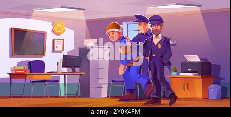Dieb mit Detective im Polizeirevier. Räuberverhaftung durch Ermittler in der Kriminalpolizei. Bürotisch, Drucker und fbi-Archivmöbel in der Illustration des Untersuchungsraums. Stock Vektor