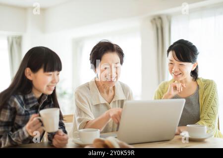 Drei Generationen Familie mit einem Computer Stockfoto