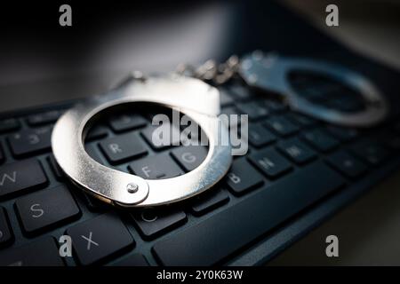 Selektive Fokussierung auf Handschellen auf eine Tastatur Cyber-Kriminalität, Hacking, Mobbing gegen das Gesetz Konzept in dunklem, tiefem Ton. Metallhandschellen an einem schwarzen Keyboar Stockfoto