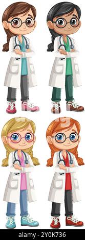 Vier verschiedene Ärztinnen stehen selbstbewusst Stock Vektor