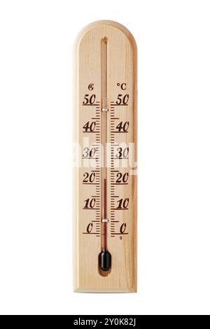 Holzthermometer isoliert auf weißem Hintergrund Stockfoto