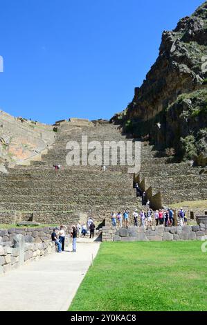 Terrassenfelder und Ruinen von Ollantaytambo Ruinen Stockfoto