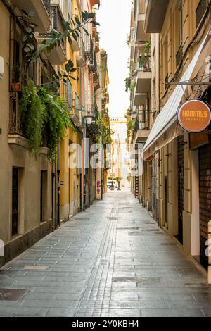 Enge Kopfsteinpflasterstraße in der Nähe der Placa de la Mare de Deu, Valencia, Spanien. Stockfoto