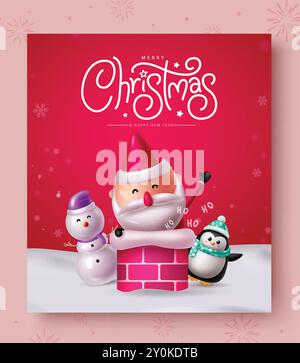 Weihnachtsgruß Text Vektor Design. Frohe weihnachtsgrußkarte mit lustigem weihnachtsmann im Kamin, fröhlichem Schneemann und süßen Pinguinfiguren Stock Vektor