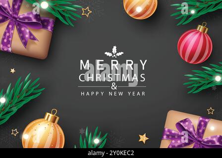 Frohe weihnachten Gruß Vektorkarte Design. Weihnachtsgrußtext mit Geschenkbox, Fichtenblättern und Weihnachtskugeln für saisonale Vorlagenkarte. Stock Vektor