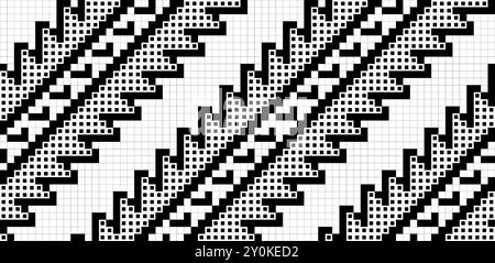 Traditionelle Kreuzstickerei, geometrisches Ornament, nahtloses Muster. Pixel Art dekorative ethnische Textur, Schwarz-weiß-Farben. Stock Vektor