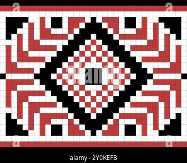 Traditionelles nahtloses Ornament-Muster, Kreuzstickerei im geometrischen Stil, dekorative ethnische Textur. Pixel Art Dekorationsmuster, schwarz, rot und Stock Vektor