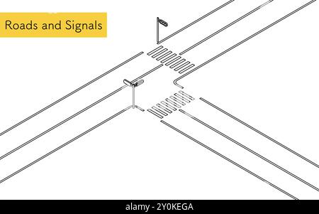 Signalisierte T-Kreuzung und Quersteg, isometrische Illustration mit einfachen Linienzeichnungen, Vektorillustration Stock Vektor