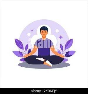 Eine heitere Vektorillustration eines Mannes, der in einer Lotuspose meditiert, umgeben von Blättern und dem Yin-Yang-Symbol. Perfekt für Themen wie Achtsamkeit, Yoga und innere Ruhe. Stock Vektor