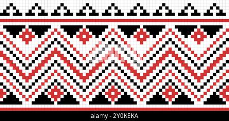Traditionelles nahtloses Ornament-Muster, Kreuzstickerei im geometrischen Stil, dekorative ethnische Textur. Pixel Art Dekorationsmuster, schwarz, rot und Stock Vektor