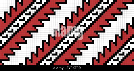 Traditionelles nahtloses Ornament-Muster, Kreuzstickerei im geometrischen Stil, dekorative ethnische Textur. Pixel Art Dekorationsmuster, schwarz, rot und Stock Vektor