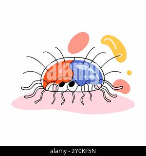 Eine skurrile Vektor-Illustration mit einem niedlichen, mehrbeinigen Insekt in hellen Farben. Das verspielte Design und der fröhliche Ausdruck machen ihn perfekt für Medien und kreative Projekte von Kindern. Stock Vektor