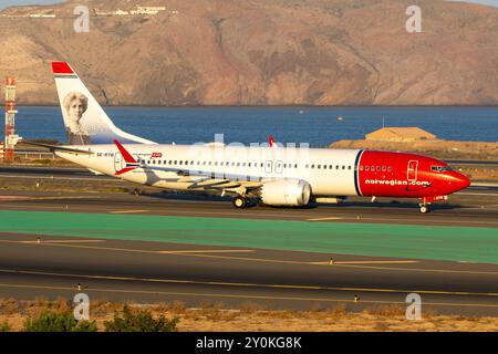 Boeing 737 MAX Airliner der Norwegian Air Sweden AOC Airline, die auf dem Flughafen Gran Canaria unterwegs ist. Stockfoto