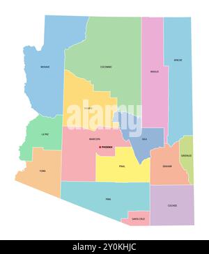 Arizona, US-Bundesstaat, unterteilt in 15 Countys, mehrfarbige politische Karte mit der Hauptstadt Phoenix, Grenzen und Kreisnamen. Stockfoto