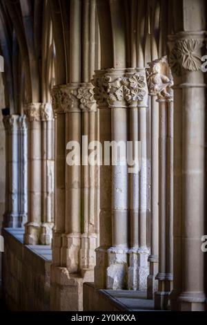 Säulen und Kapitelle, Kloster Santa María la Real de Iranzu, Kreuzgang, 12. Jahrhundert - 14. Jahrhundert, Jakobsweg, Abárzuza, Navarra, Spai Stockfoto