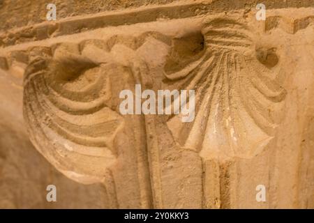 Hauptstadt mit Pilgermuscheln nach Santiago, Kloster Santa María la Real de Iranzu, Kreuzgang, 12. - 14. Jahrhundert, Jakobsweg, Abárzuza, Navarra Stockfoto