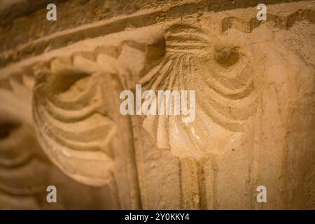 Hauptstadt mit Pilgermuscheln nach Santiago, Kloster Santa María la Real de Iranzu, Kreuzgang, 12. - 14. Jahrhundert, Jakobsweg, Abárzuza, Navarra Stockfoto