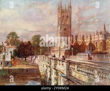 Magdalen College Glockenturm und Brücke, Oxford University, Oxford, England. Aus dem Buch Oxford, gemalt von John Fulleylove, erschien London 1922. Stockfoto