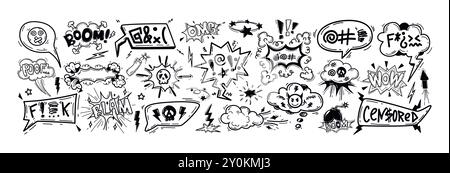 Handgezeichnete Doodle Comic-Sprechblasen mit Beleidigungen, Flüchen, Schimpfwörtern, beleidigender Sprache. Wütende Worte in Gesprächsfenstern, Dialogfeldern, Chatballons. Negative Ausdrücke, schlechte Emotionen mit Schädelsymbol Stock Vektor