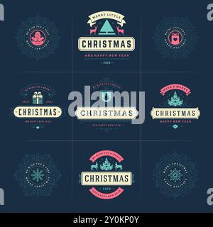 Weihnachtsvektor verzierte Etiketten und Abzeichen Set mit Happy New Year Feiertage Wünsche Typografie für Grußkarten, Geschenke und Banner, Ornament Dekoratio Stock Vektor