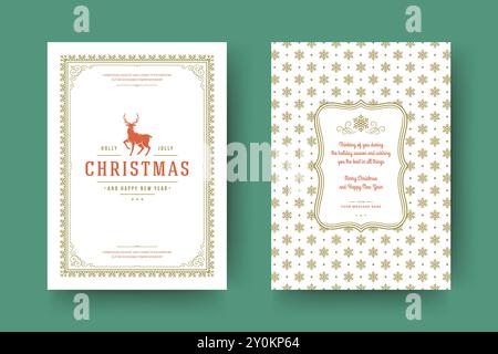 Weihnachtsgrußkarte Vintage typografisches Design, kunstvolle Dekorationen Symbole mit Rentier, Schneeflocke, Winterferien Wunsch, Blumenschmuck und Flora Stock Vektor