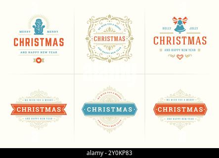 Weihnachtsvektor verzierte Etiketten und Abzeichen Set mit Happy New Year Feiertage Wünsche Typografie für Grußkarten, Geschenke und Banner, Ornament Dekoratio Stock Vektor