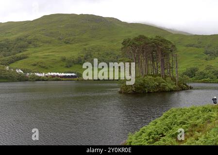 West Coat Rail erhaltene Dampflok mit dem Jacobitenzug, der Eilean na Moine aka Dumbledores Island aus den Harry Potter Films vom Juli 2024 vorbeifährt Stockfoto