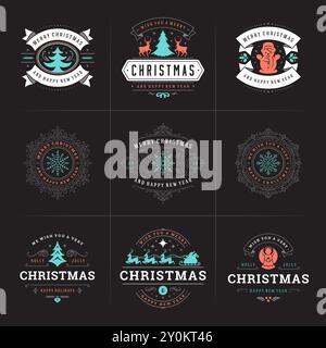 Weihnachtsvektor verzierte Etiketten und Abzeichen Set mit Happy New Year Feiertage Wünsche Typografie für Grußkarten, Geschenke und Banner, Ornament Dekoratio Stock Vektor