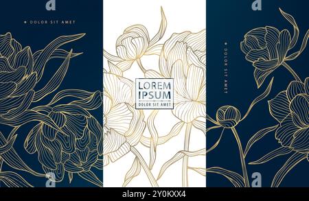 Vektor-Blumenkunst, Satz Luxusblume, Pfingstrose Linienmuster, goldener Hintergrund. Handgezeichnete Pfingstrosen für Parfüm, Wein, Social Media Post, Cover Stock Vektor