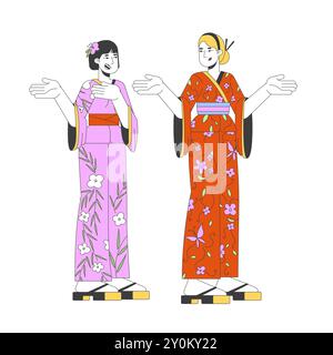 Verschiedene japan-Touristen tragen lineare Kimono-2D-Zeichentrickfiguren Stock Vektor