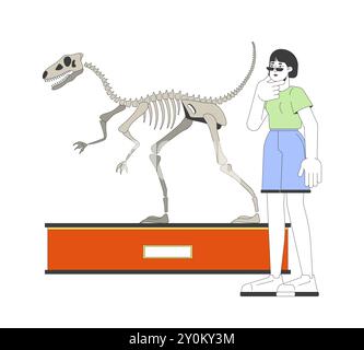 Asiatische Frau, die sich Velociraptor Fossil anschaut, zeigt lineare 2D-Zeichentrickfigur Stock Vektor