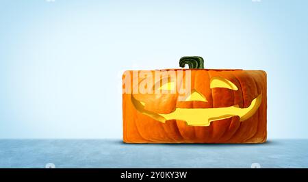 Kreative lustige Jack-O-Lantern als Halloween-Kürbis als Herbstsymbol gruseliger Innovation als quadratischer Kürbis für lustige, festliche Herbst s Stockfoto