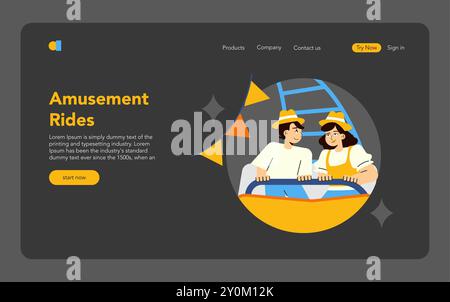 Vergnügungsfahrkonzept. Fröhliches Paar genießt eine lustige faire Fahrt in einer Festivalkulisse. Spannung und Freude an den Attraktionen des Freizeitparks. Vektorabbildung. Stock Vektor