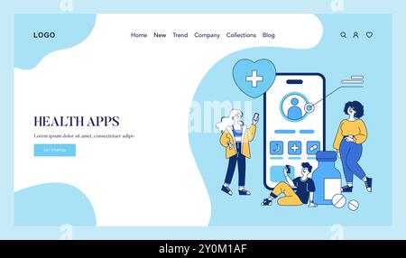 Digital Health App Interface Konzept. Benutzerfreundliche Mobiltechnologie für das Gesundheitsmanagement. Über Apps für Wohlbefinden sorgen. Vektorabbildung. Stock Vektor