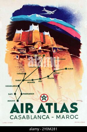 Robert Falcucci - Vintage Poster Luftatlas, Reiseplakat - Karte über Casablanca Marokko Maroc 1948 - farbkorrigiert Stockfoto